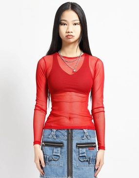 LADIES LONG SLEEVE FISHNET RED Minimalist Collar ErgonomicSleeves