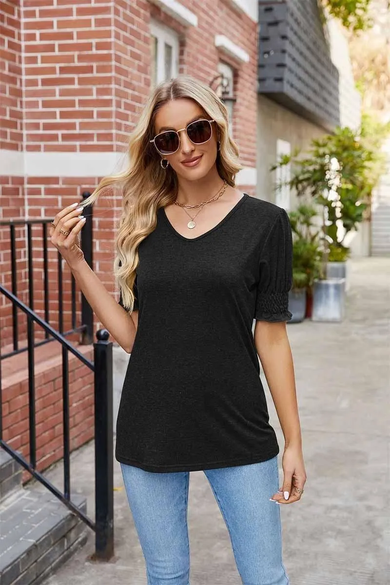 Fade Resistant Coating light layering PLEATED FRILL PUFF SLEEVES V NECK TEE