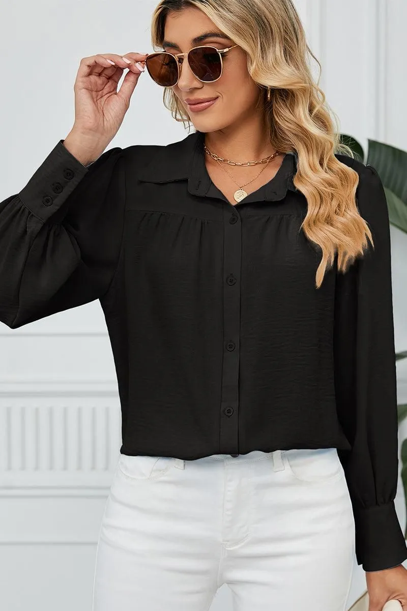 DropShoulderConstruction UltraLightweight BUTTON DOWN LONG SLEEVE CHIFFON BLOUSE SHIRTS