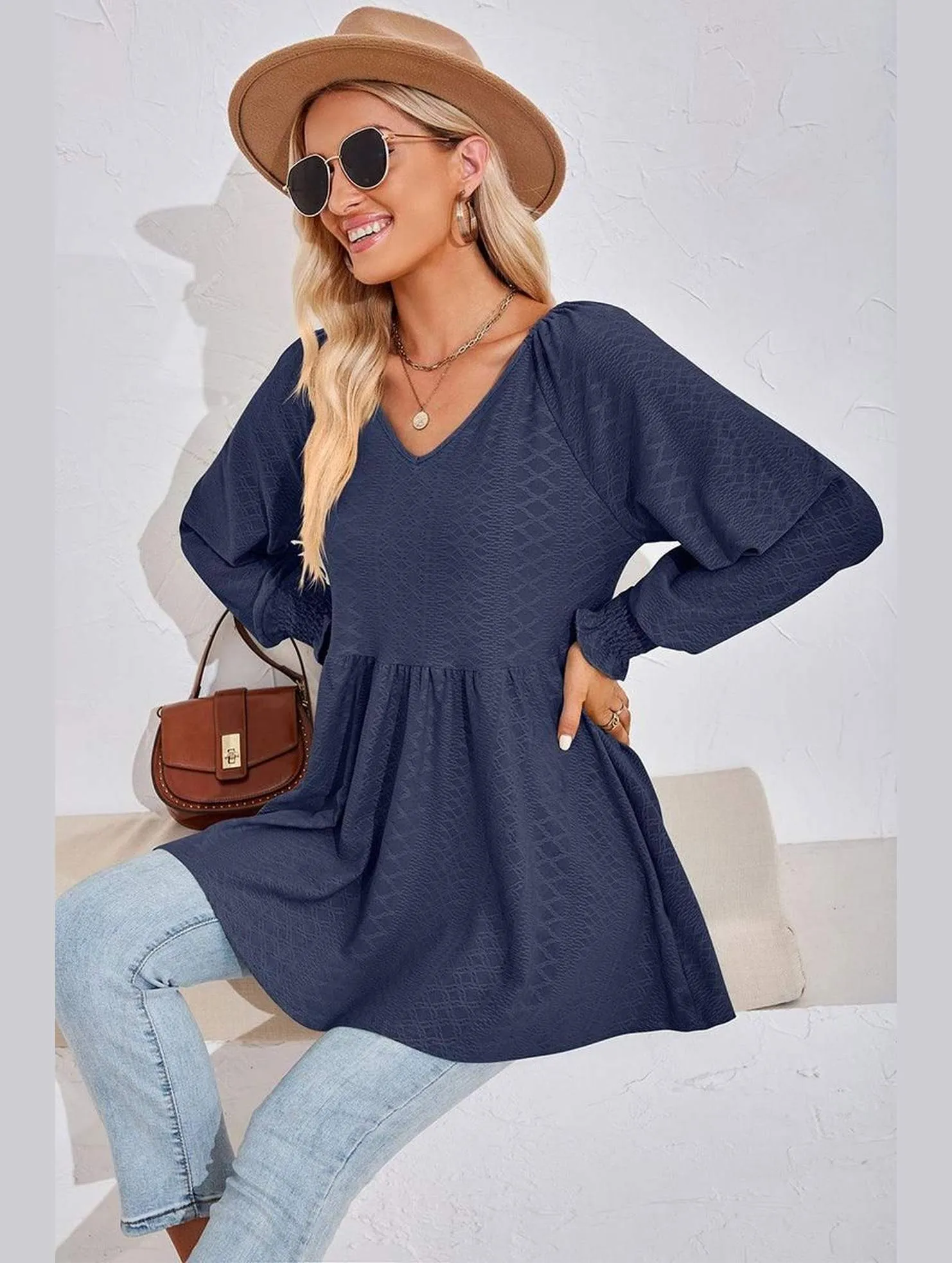 WOMEN V NECK PATTERNED RUFFLE SLEEVE TUNIC Essential Look