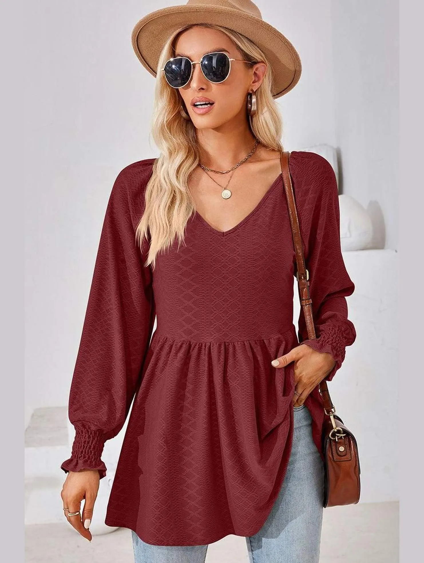 WOMEN V NECK PATTERNED RUFFLE SLEEVE TUNIC Moisture Wicking Technology Casual Statement