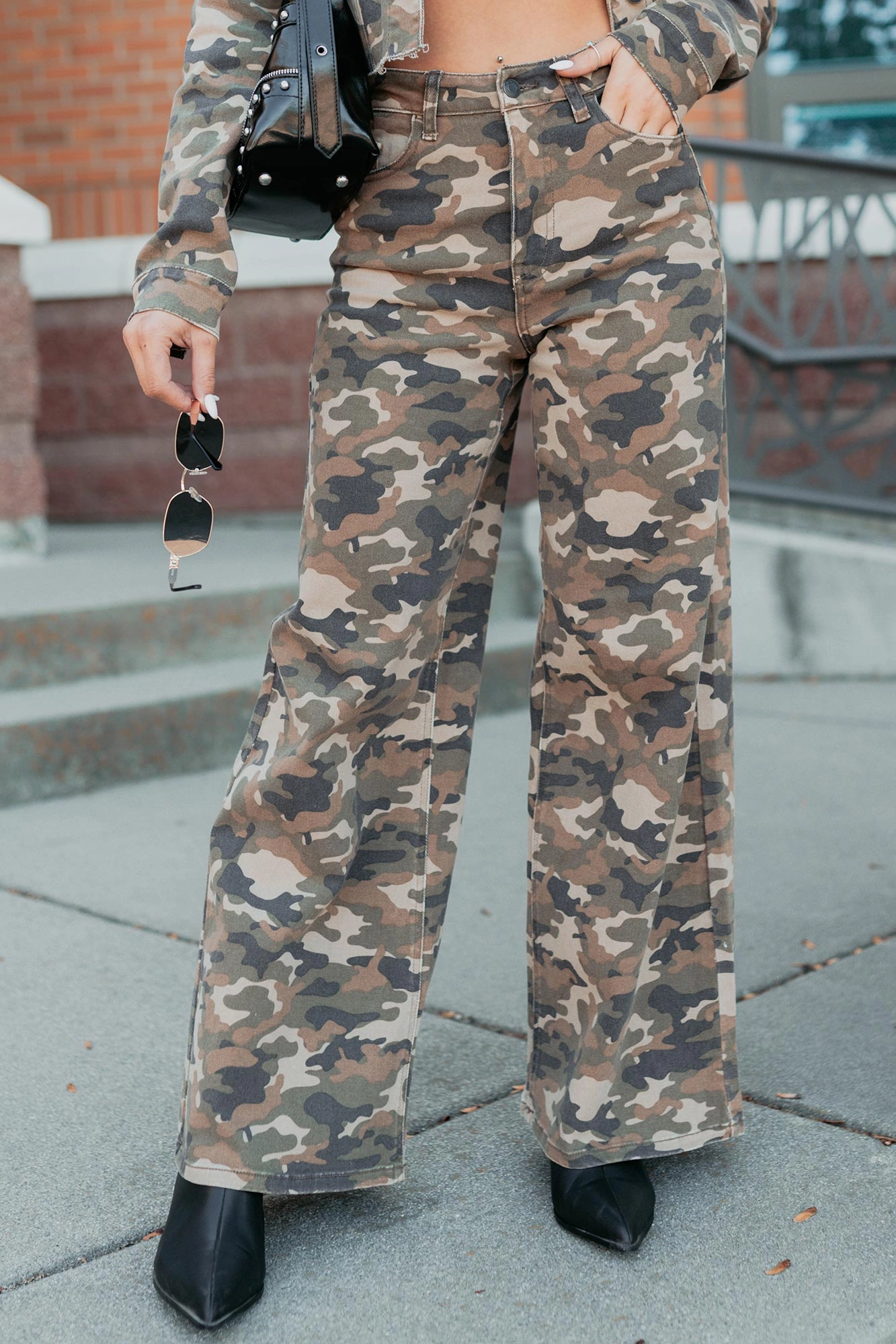 Douglas High Rise Wide Leg Cello Jeans (Camo) Minimal Shrinkage Fabric Anti Static Material Blend