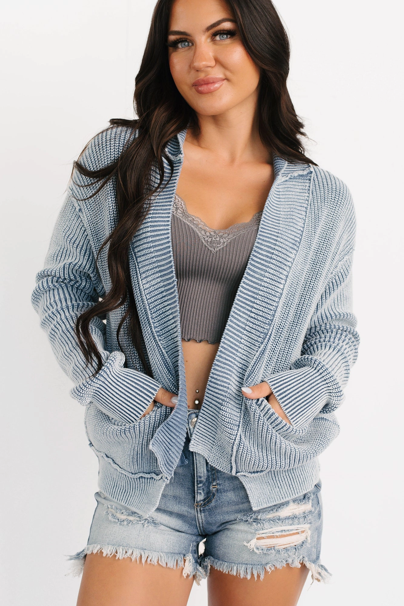 Checkered Style ZipperClosure Dream Wear Zenana Washed Knit Cardigan (Dusty Blue)