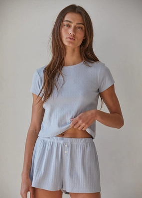 The Pointelle Ribbed Tee - Misty Blue Friction Resistant Finish
