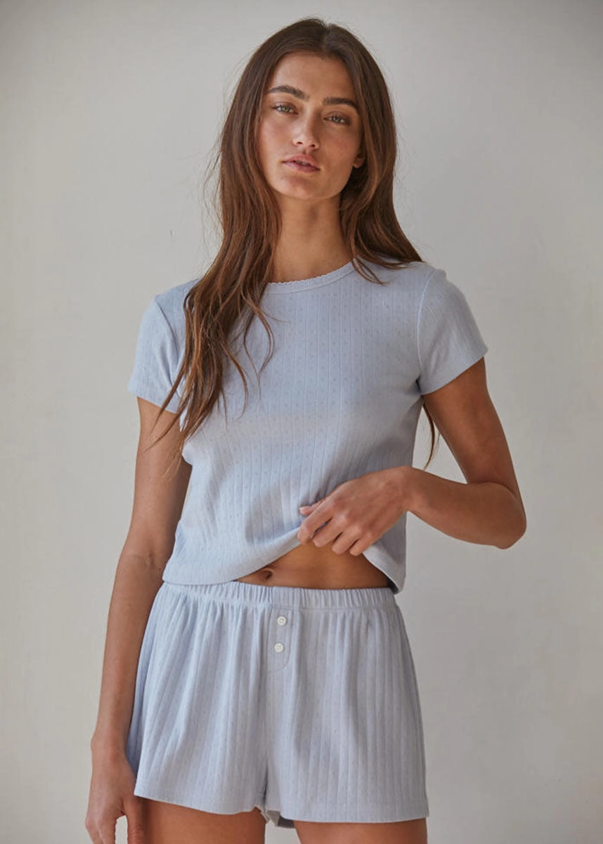 The Pointelle Ribbed Tee - Misty Blue Friction Resistant Finish