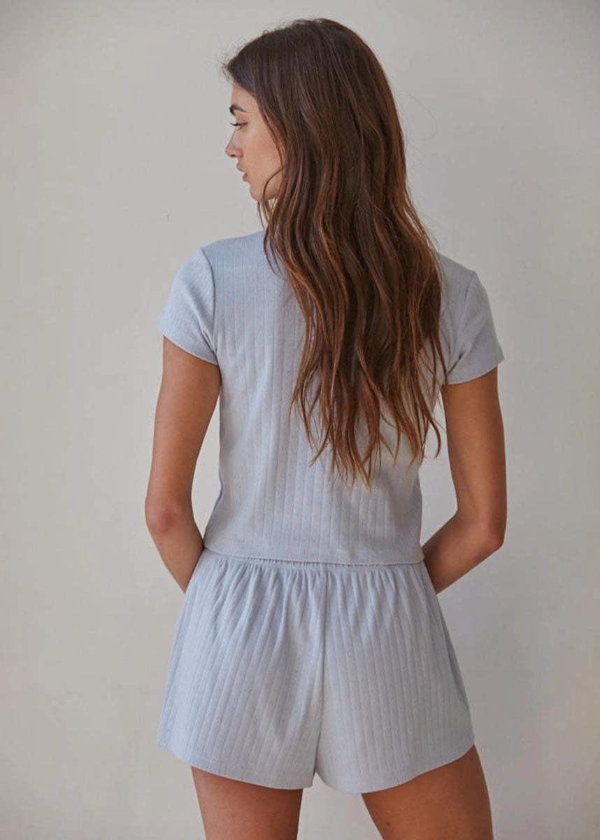 ReinforcedArmholes StretchableKnit The Pointelle Ribbed Tee - Misty Blue