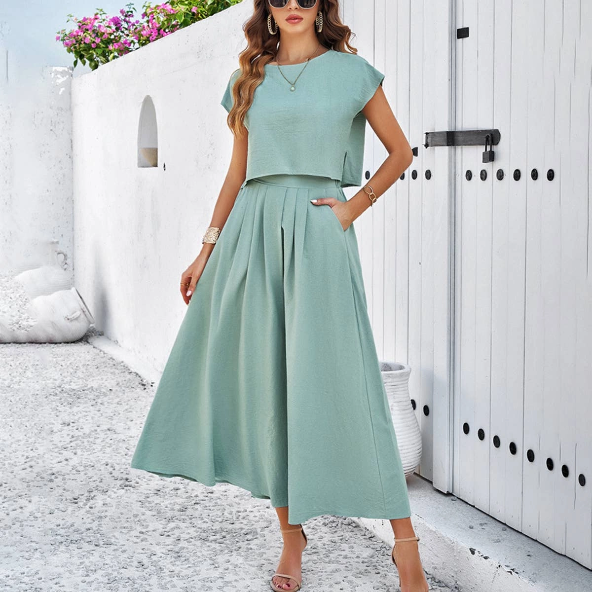 Moisture Wicking Material mid-rise CASUAL SLIT TOP AND LONG SKIRT SET_CWSTB0515