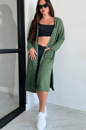 Windproof Design Elegant Evening Zaiden Lightweight Hooded Cardigan (Olive)