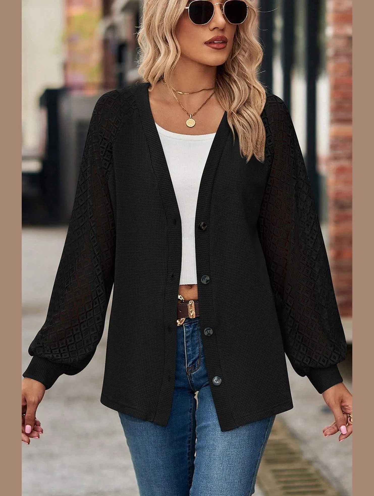 Cozy and Light WOMEN LACE TRIM SLEEVED BUTTON UP SHIRT