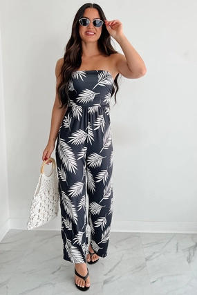 Palm Plans Strapless Leaf Print Jumpsuit (Black) Clean Guest