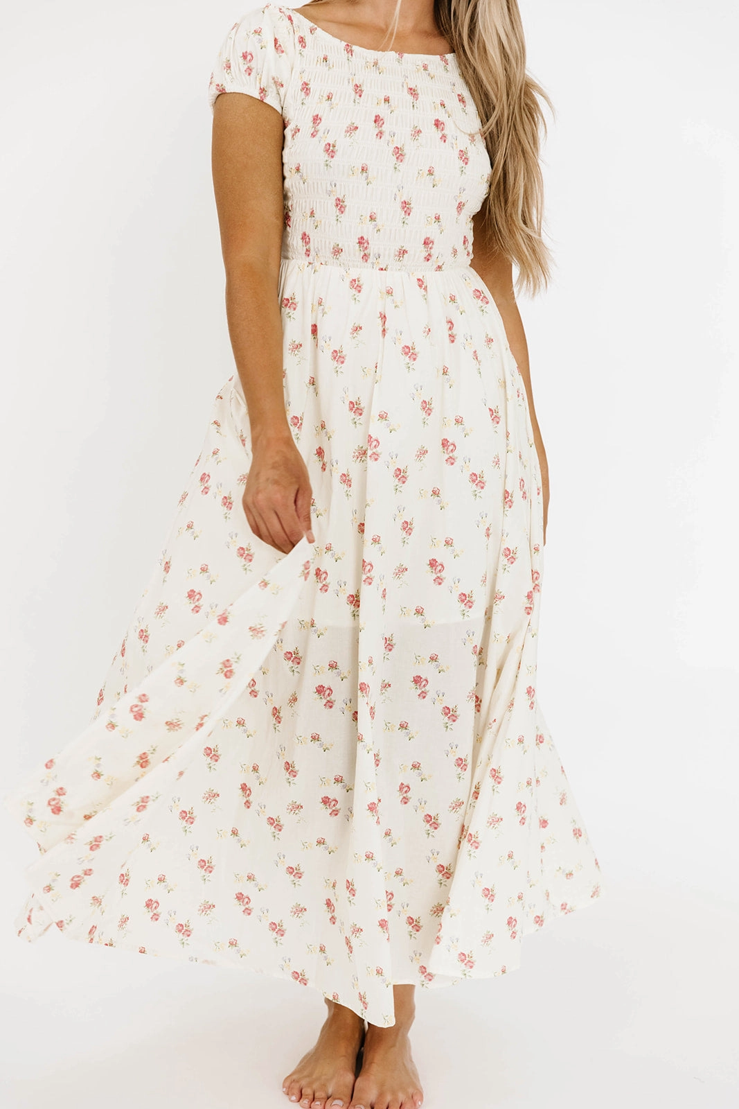 Denise 100% Cotton Smocked Maxi Dress with Piecing and Strappy Back in Cream Floral Breezy Comfort Autumn Look