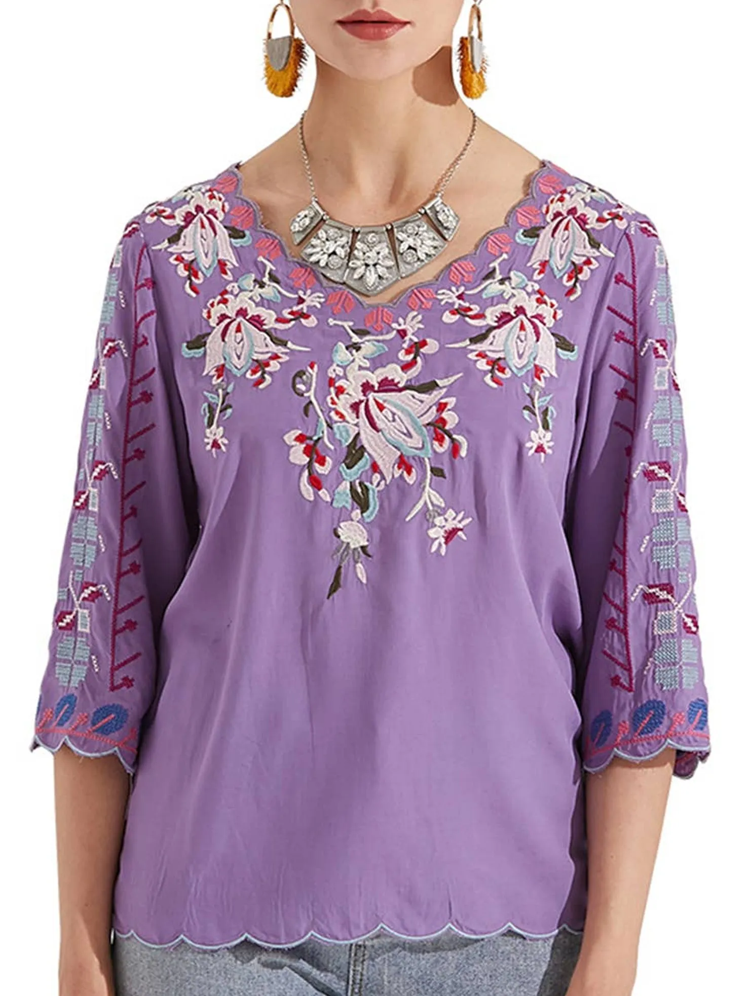 COTTON V-NECK FLORAL EMBROIDERED TOP_CWTBLL0824 Adjustable Cuff System