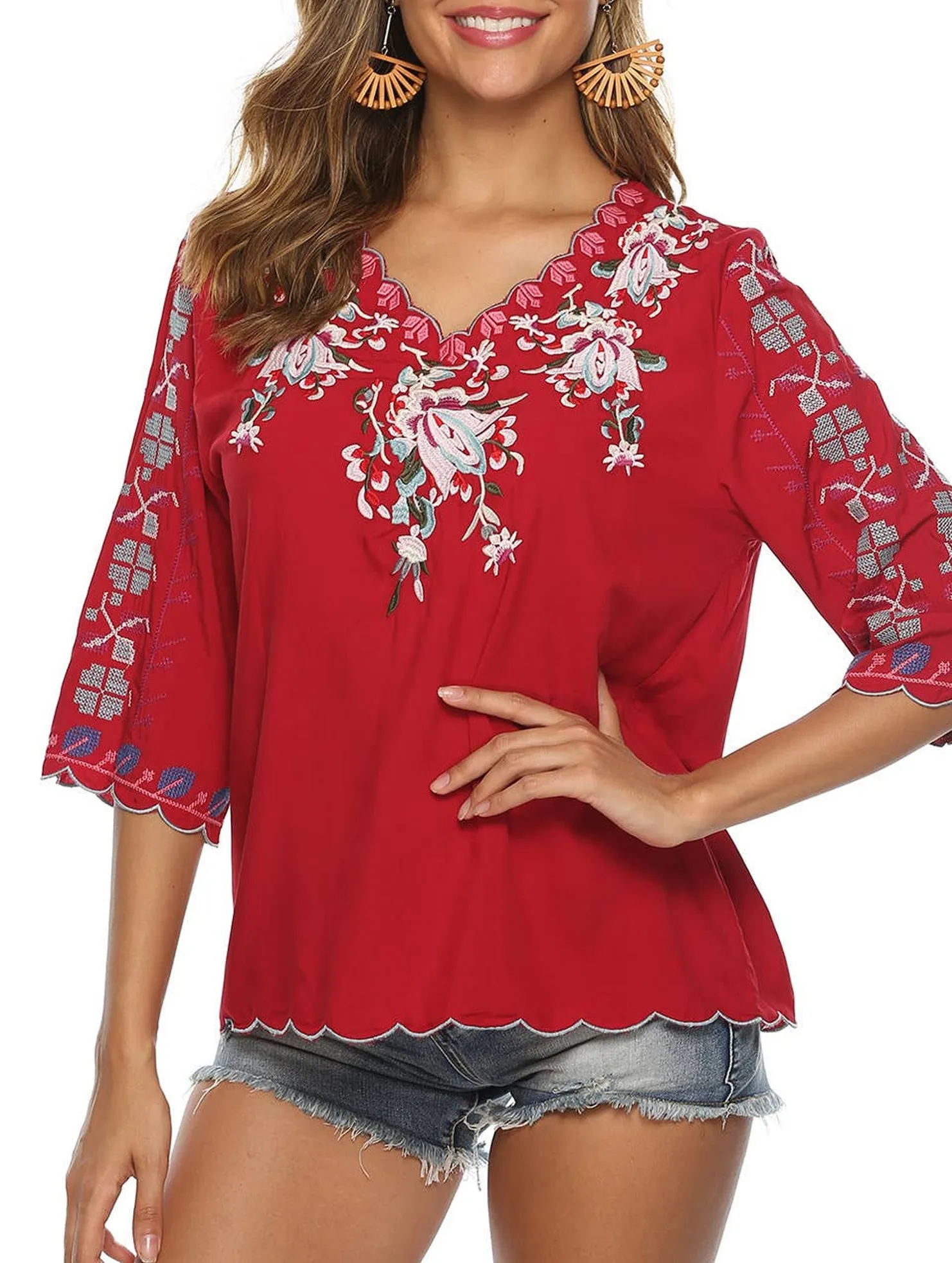 COTTON V-NECK FLORAL EMBROIDERED TOP_CWTBLL0824 Non Iron Finish Fuzz Free Surface