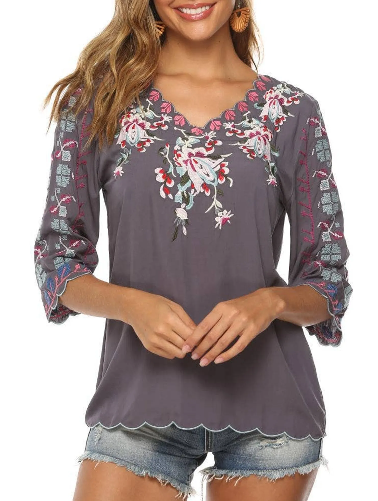 COTTON V-NECK FLORAL EMBROIDERED TOP_CWTBLL0824 Zip Up