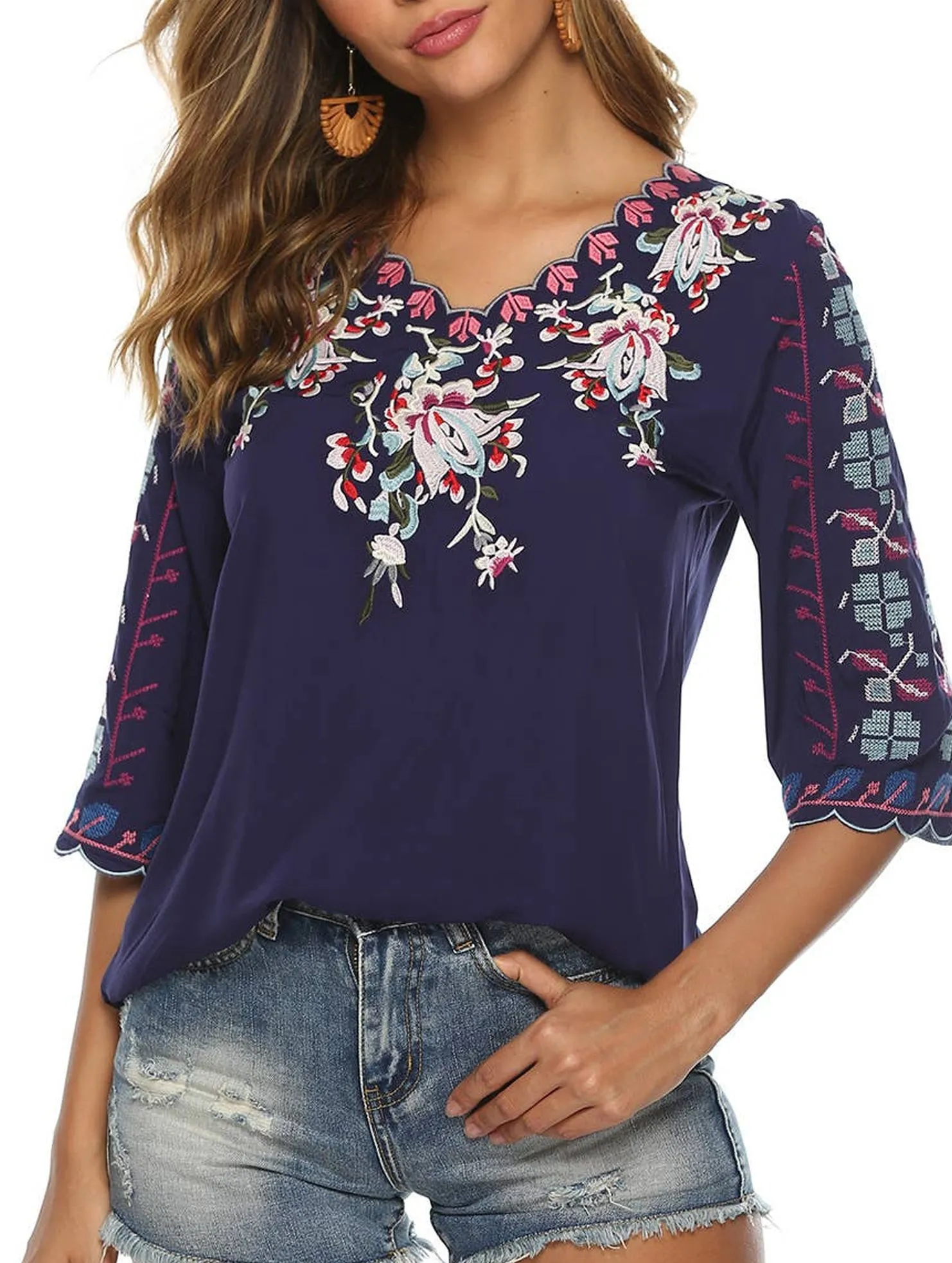 COTTON V-NECK FLORAL EMBROIDERED TOP_CWTBLL0824 Practical Wear