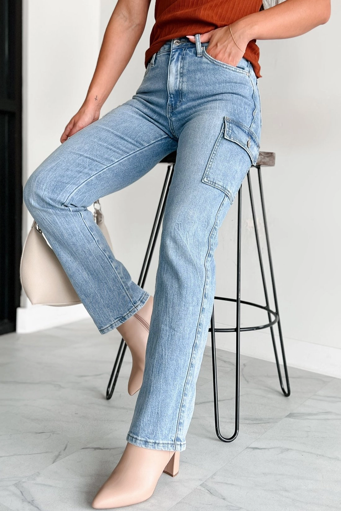 Cova High Rise Special A Cargo Jeans (Medium Dark) Everyday Style