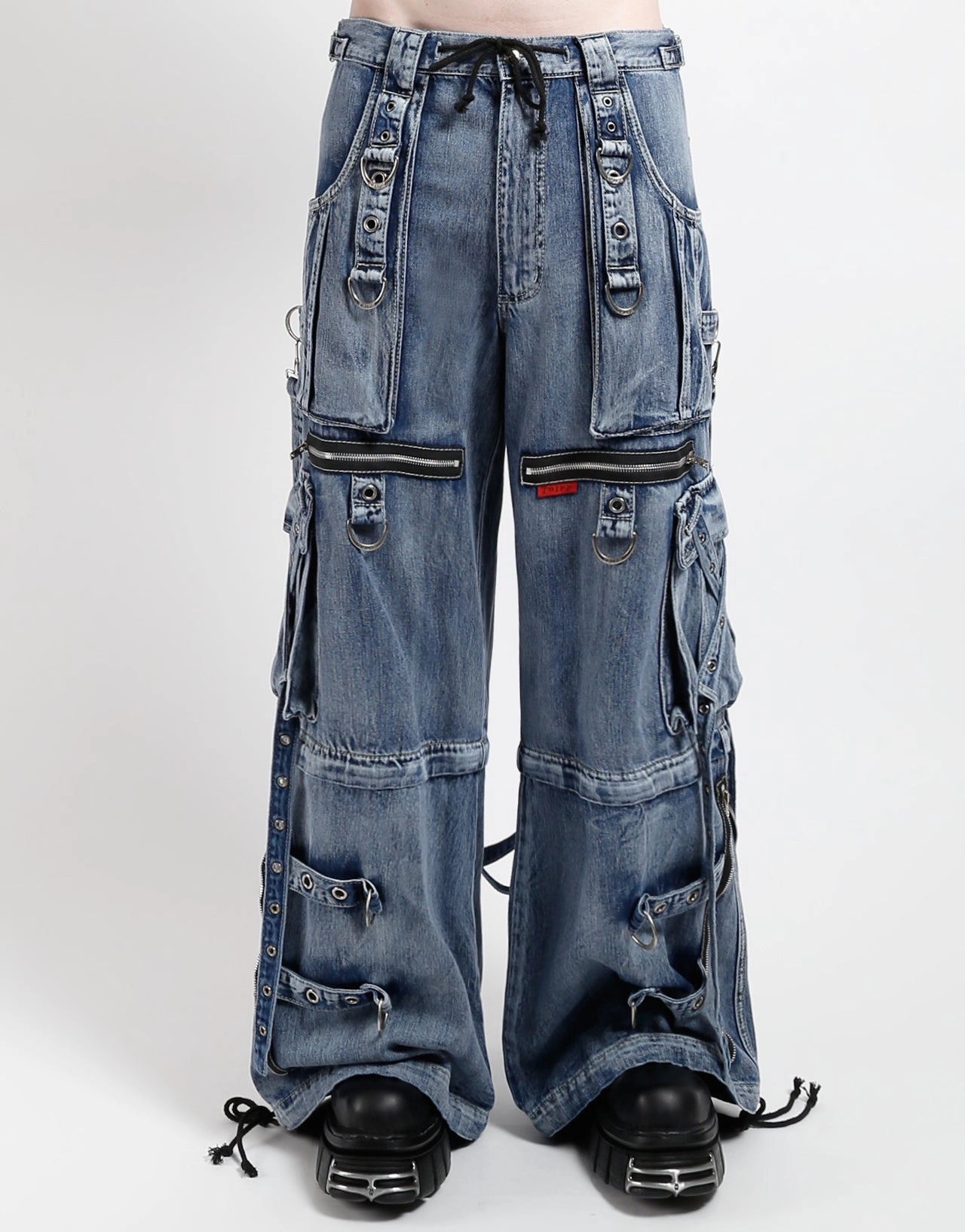 High Waist Stretch Tight Cut X-STRAP PANT FOG WASH INDIGO DENIM