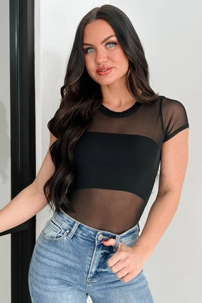 Zen Vibe Comfort Seeker Soft Touch Head Held High Short Sleeve Mesh Bodysuit (Black)