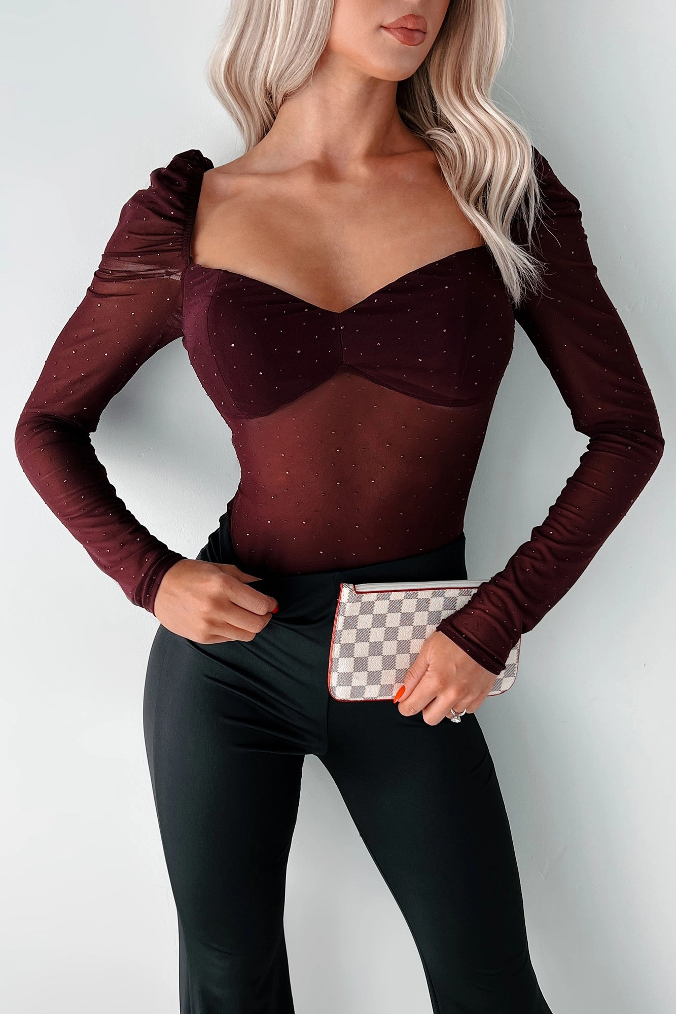 elastic waistband Easy To Remember Rhinestone Mesh Bodysuit (Dark Cherry)