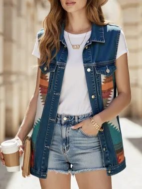 ShockAbsorbing Tagless Comfort Collar PATTERN BLOCK BUTTON DOWN CASUAL DENIM VEST