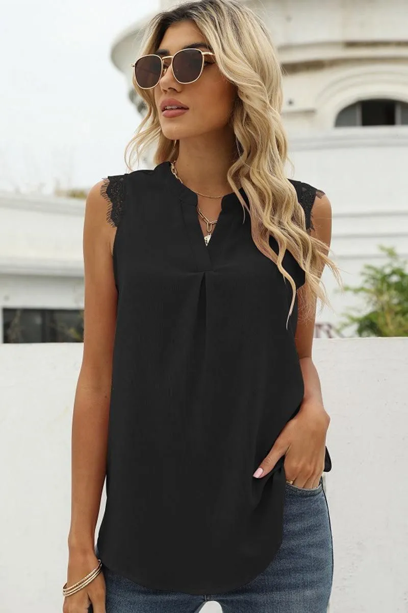 LACE SLEEVELESS FOLDED CHEST V NECK TUNIC TOP Leather combination