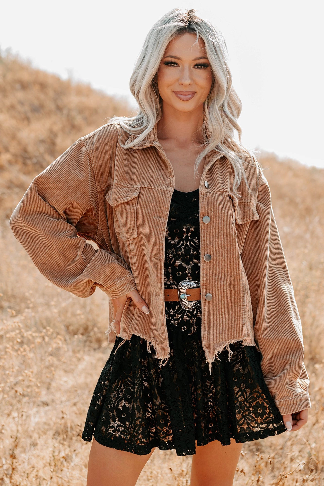 High Collar Options Luxury Appeal Promise Me Forever POL Corduroy Shacket (Camel)