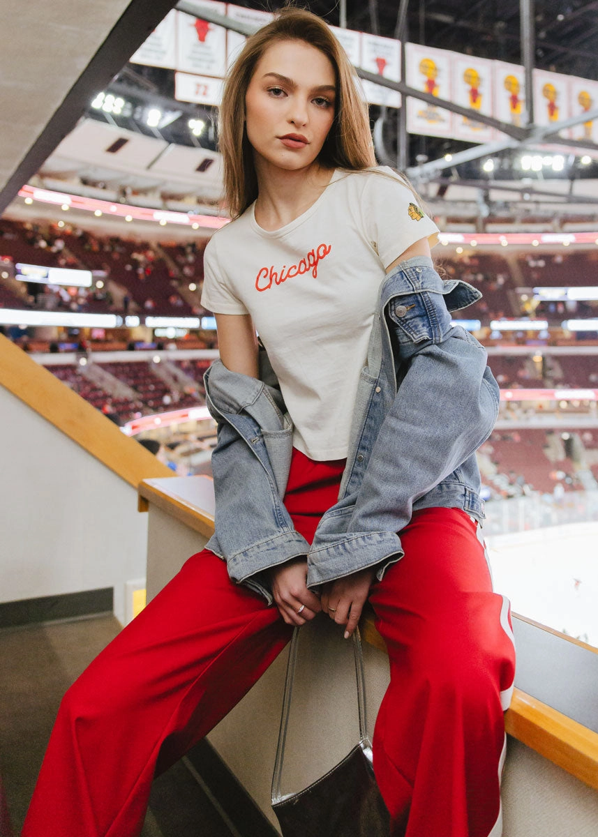 Sweat Absorbing Lining Ribbed Trims Blackhawks Script Baby Tee - Cream