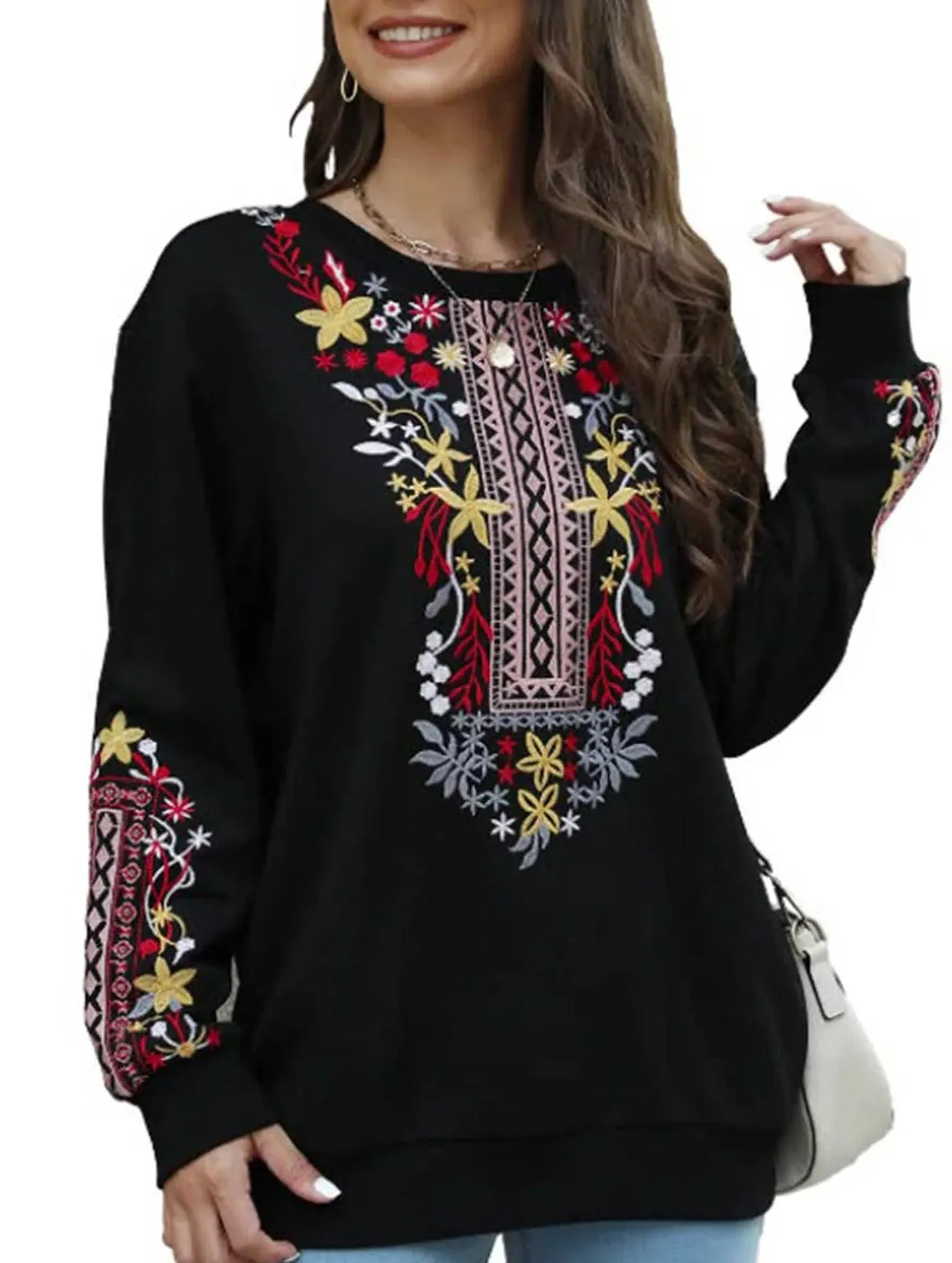 COTTON PLUS-SIZE V-NECK ETHNIC EMBROIDERED HOODIE_CWTBLL0826 FlexibleNeckline Thermal Regulation System