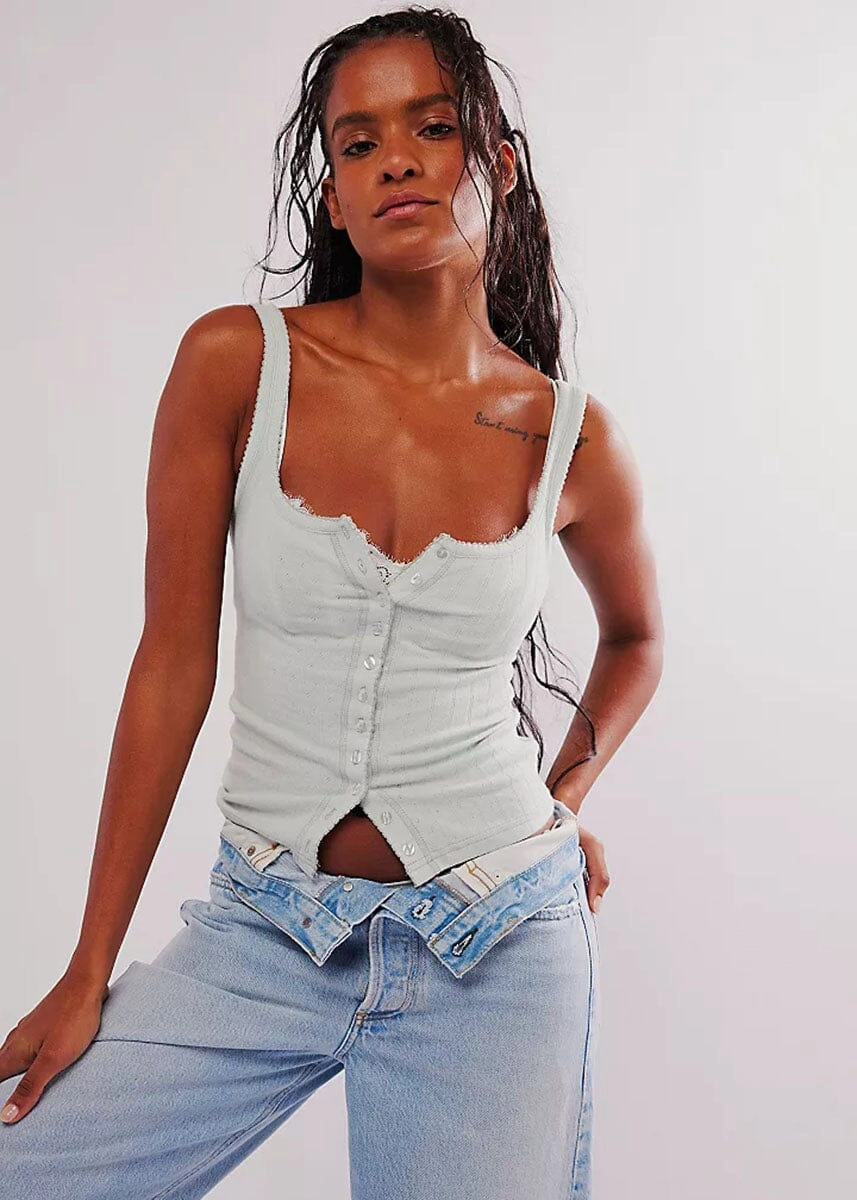 Non Restrictive Collar Durable Blend End Game Pointelle Tank - Pale Aqua