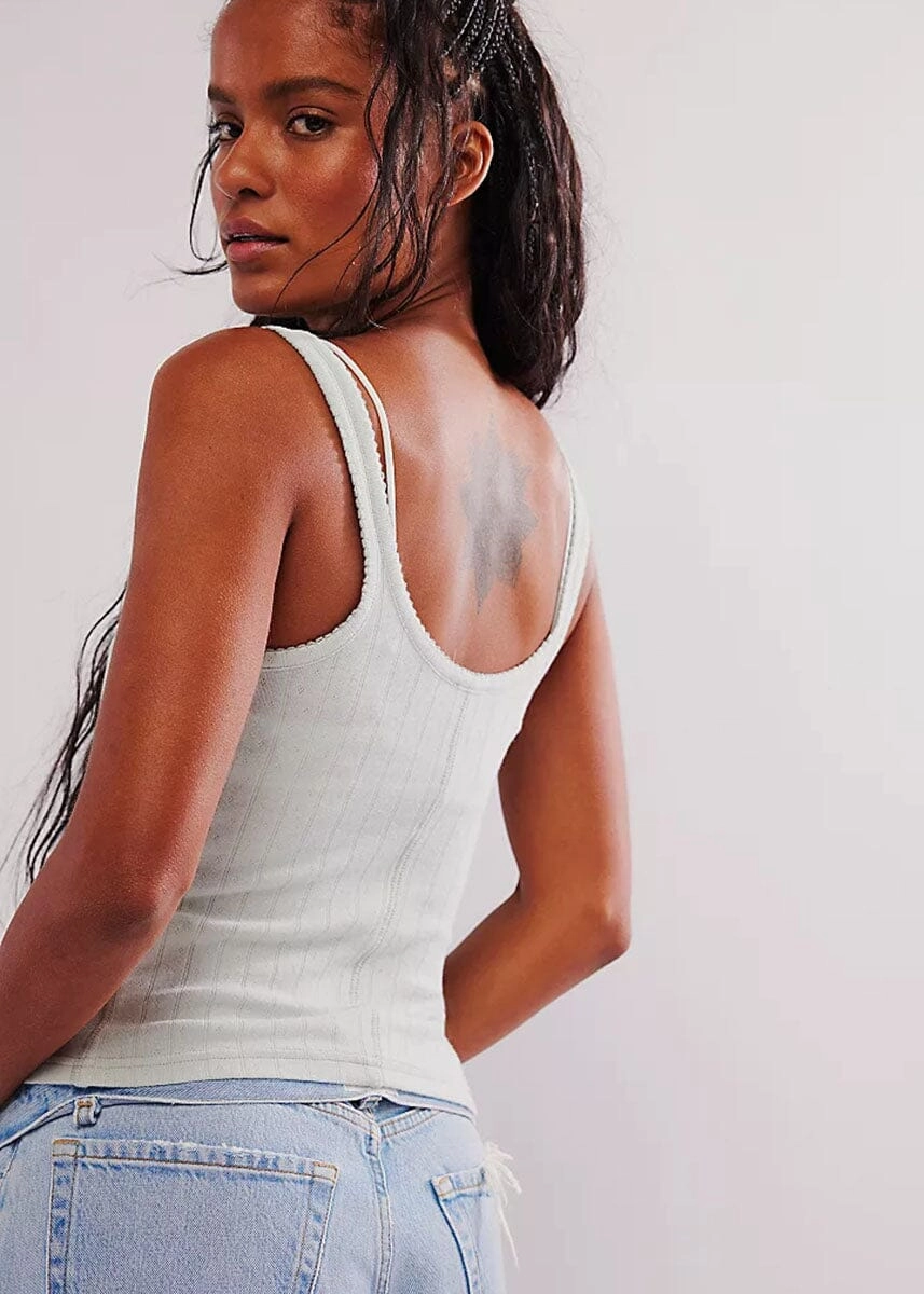 Flattering Drape Soft Cotton End Game Pointelle Tank - Pale Aqua