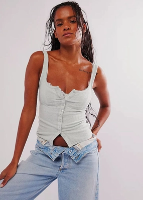 Non Restrictive Collar Durable Blend End Game Pointelle Tank - Pale Aqua