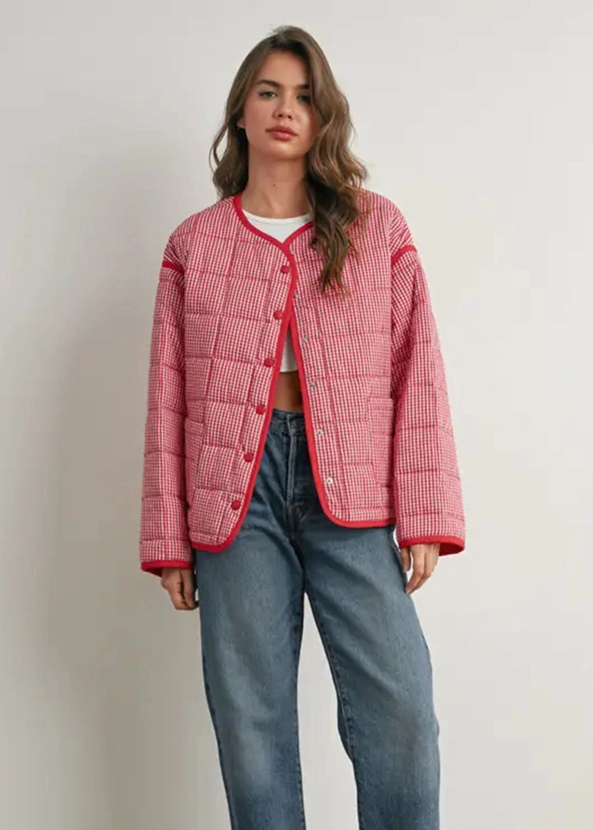 Layer Piece Stand Collar Astrid Quilted Puff Jacket - Red Multi