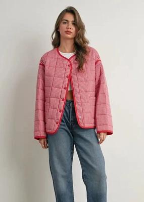 Layer Piece Stand Collar Astrid Quilted Puff Jacket - Red Multi