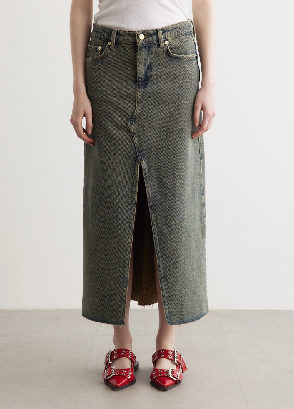 Family Style Parent Style Smart Casual Overdyed Heavy Denim Maxi Skirt