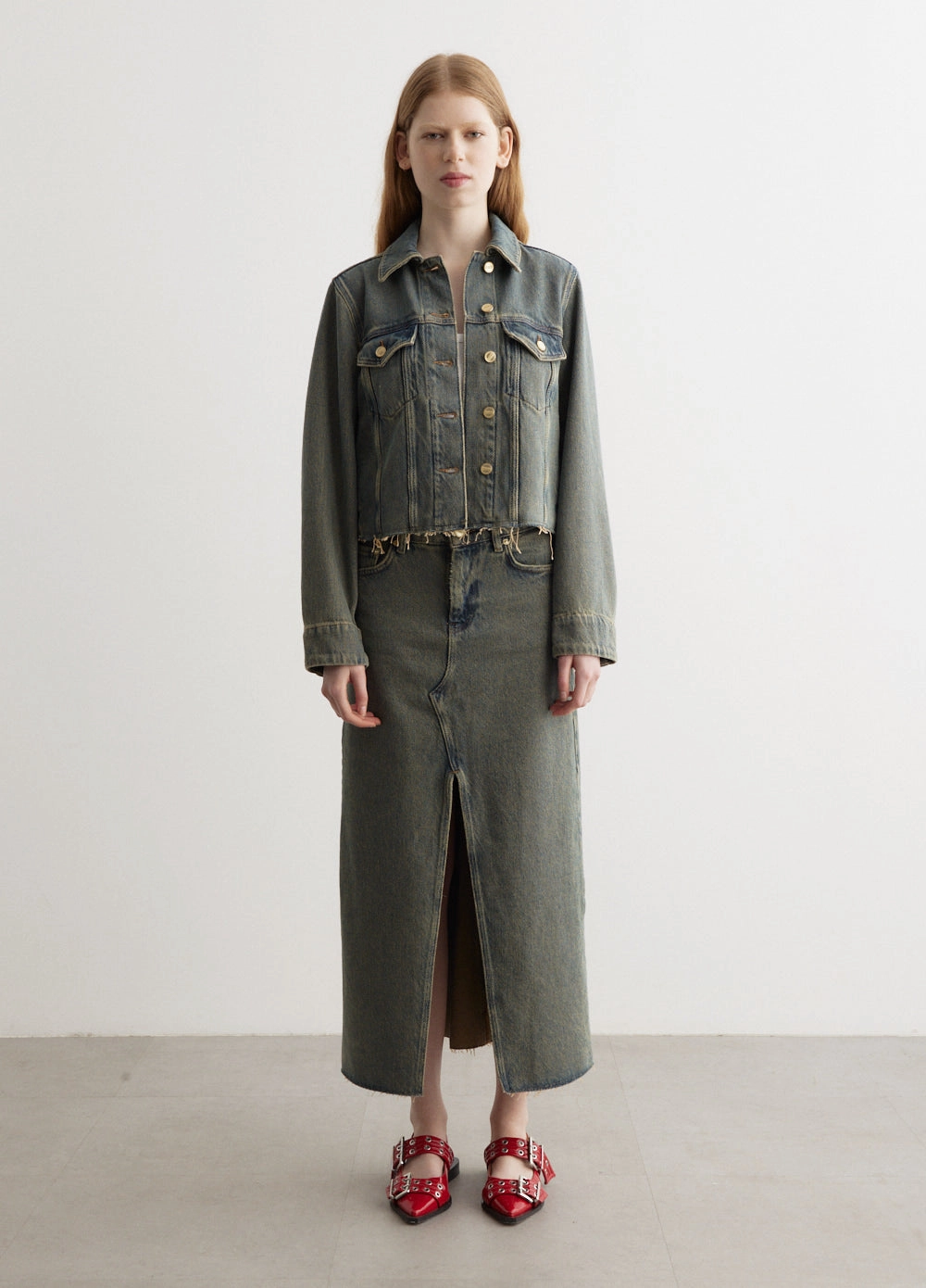 Minimalist Pocket Design Low Impact Processing Overdyed Heavy Denim Maxi Skirt