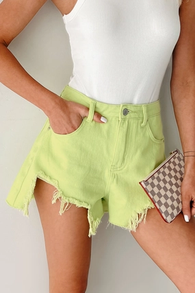 Jeanette High Rise Distressed Denim Shorts (Lime) Stretch Minimalist