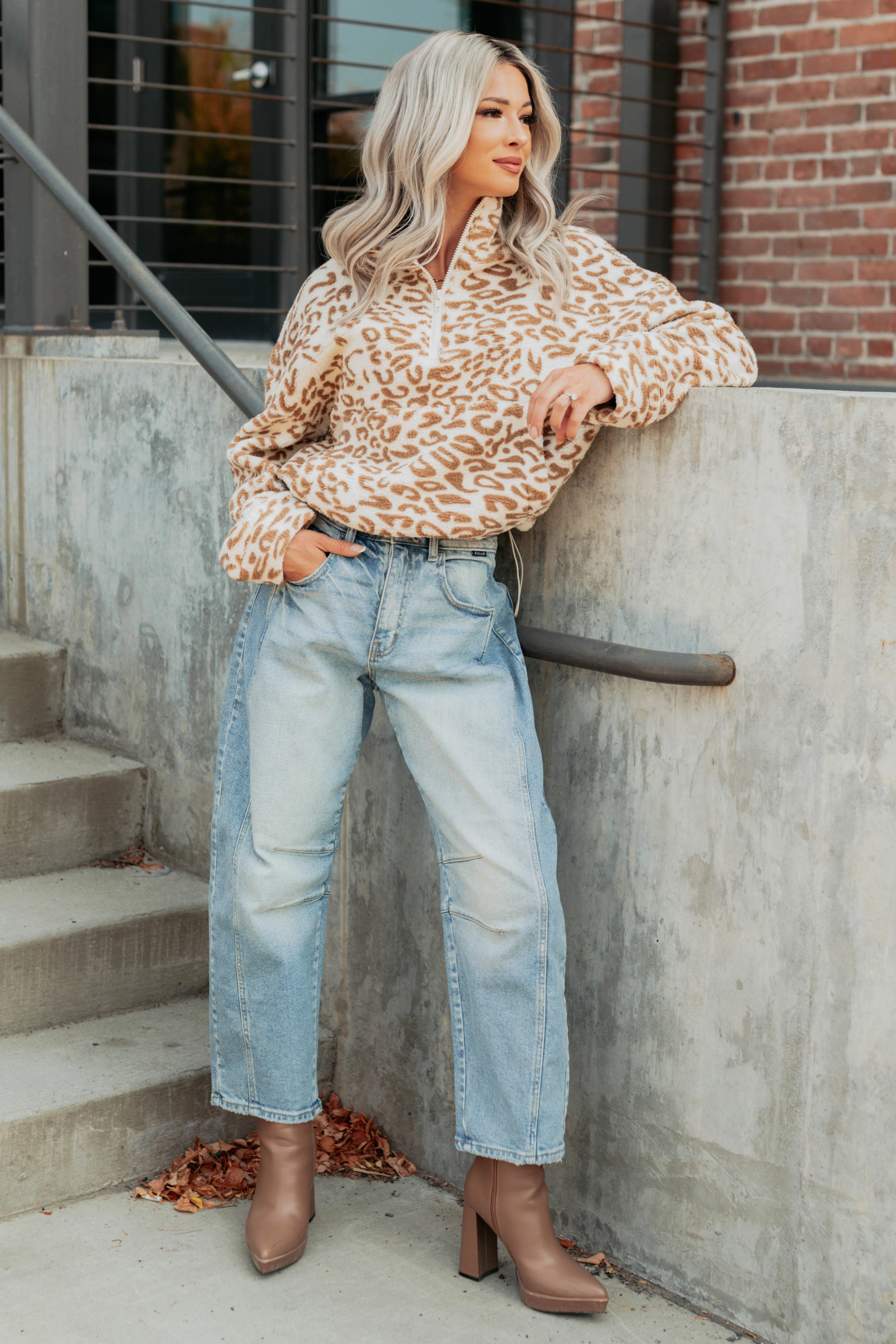 Built Different Fleece Leopard Print Pullover (Camel) Compact Storage Design Flexible Neckline