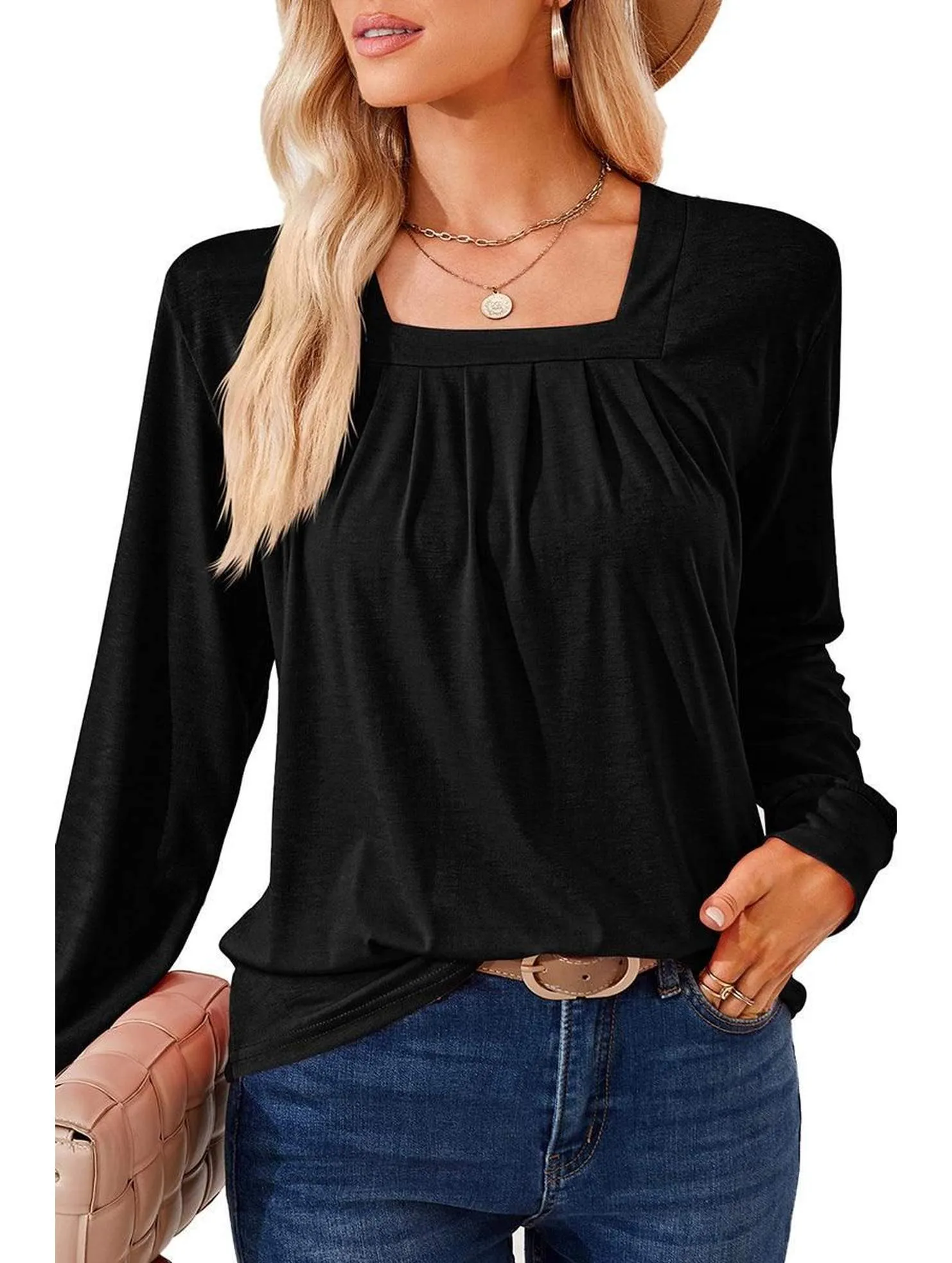 DurableCollarStays Durable Interlock Stitch WOMEN SQUARE NECK FLUTTER LONG SLEEVE TOP
