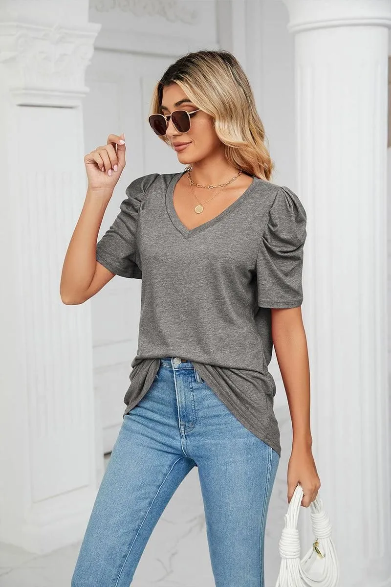 Fashionable Wear PUFFED SLEEVE SOLID CASUAL TOP