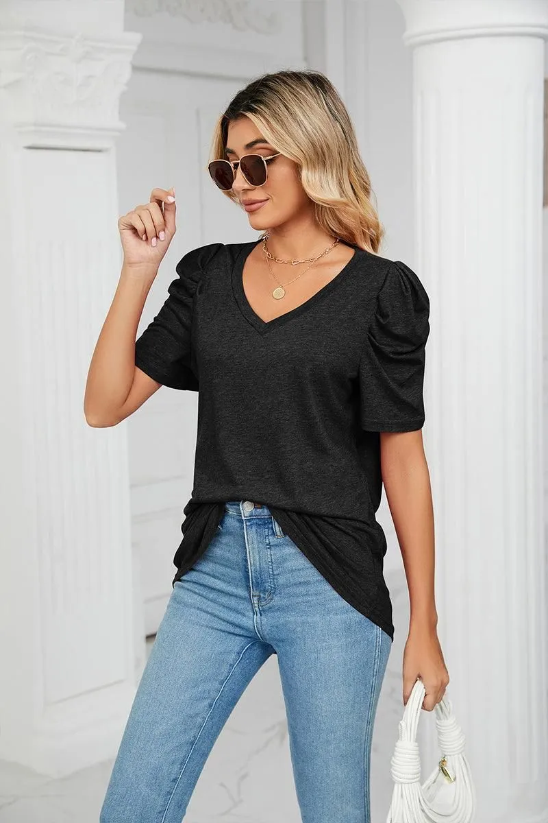 PUFFED SLEEVE SOLID CASUAL TOP adults'