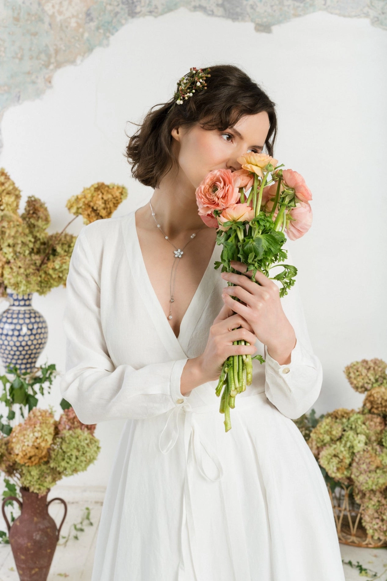 Floral Comfort Simple formal dress Wrap Dress, Long Sleeve, White Magnolia