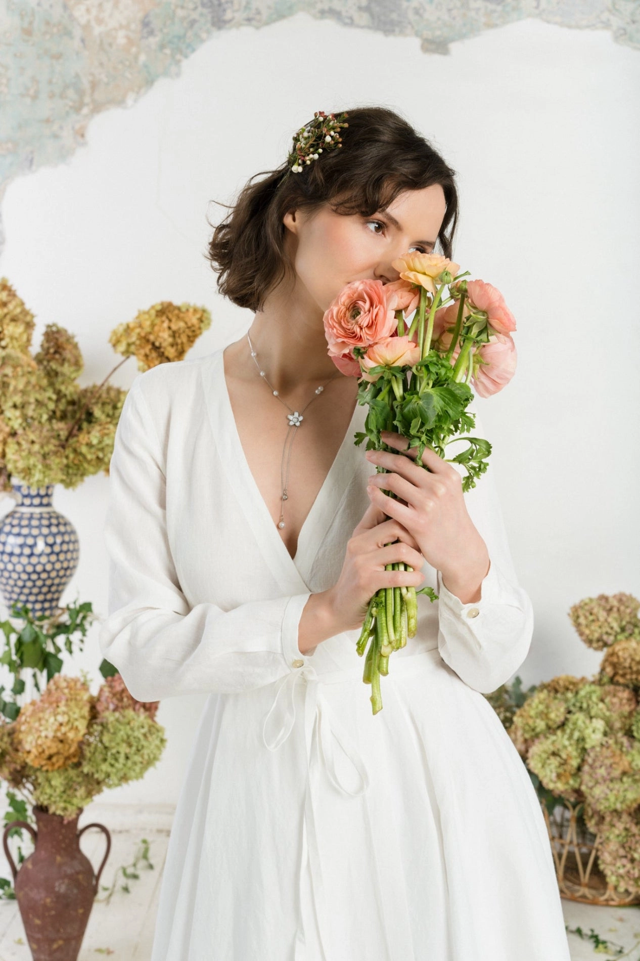 Anti-Static-Finish Wrap Dress, Long Sleeve, White Magnolia