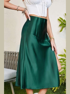 SILKY SATIN ELASTIC WAIST A LINE SKIRT WITH SLIT Warm Fit