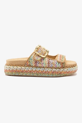 Maui Slide In Tapestry Rainbow Raffia and Beige Trimming Date wear