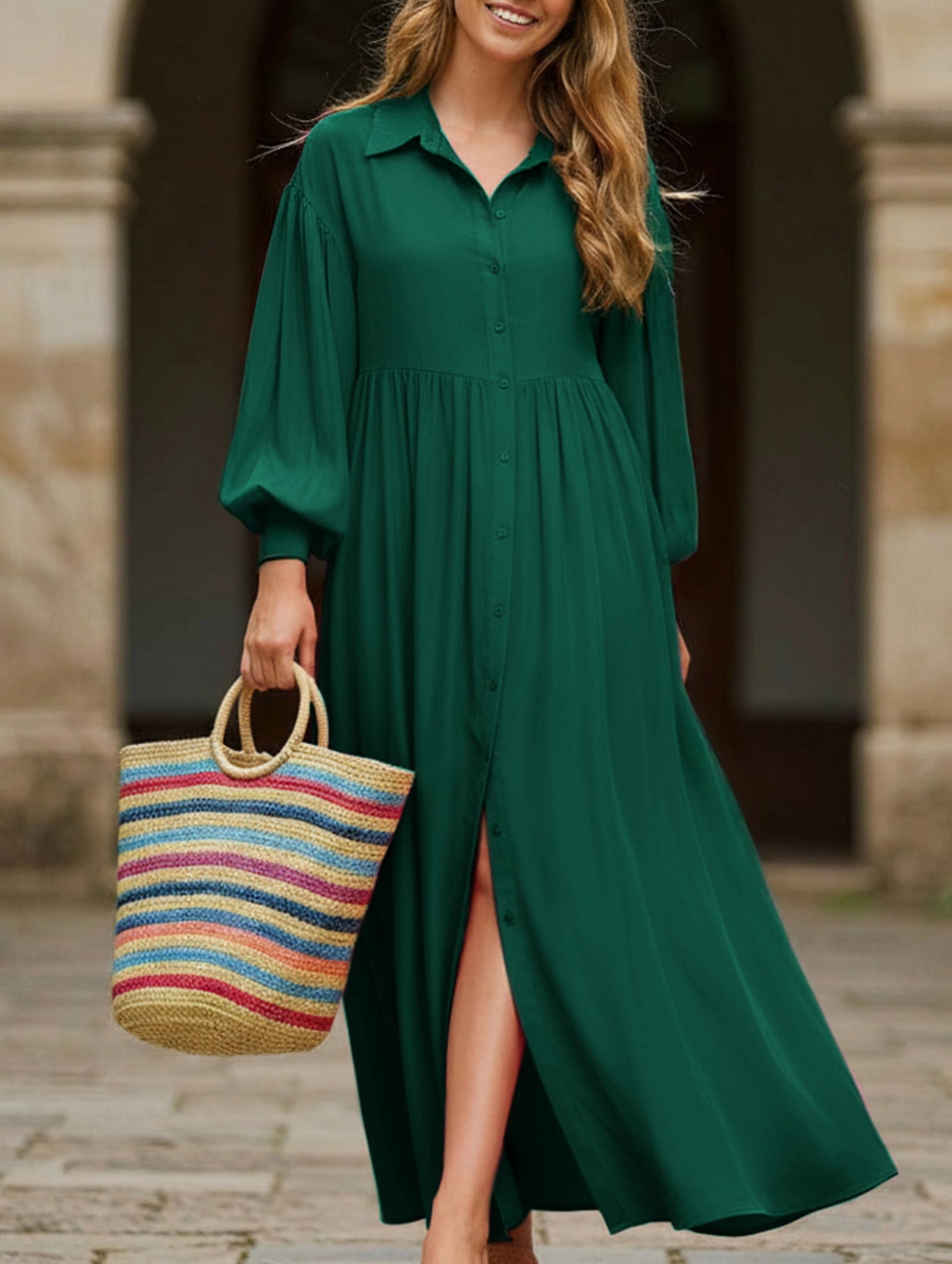 Button-Down Lapel Pleated Long-Sleeve Maxi Dress Texture Blend