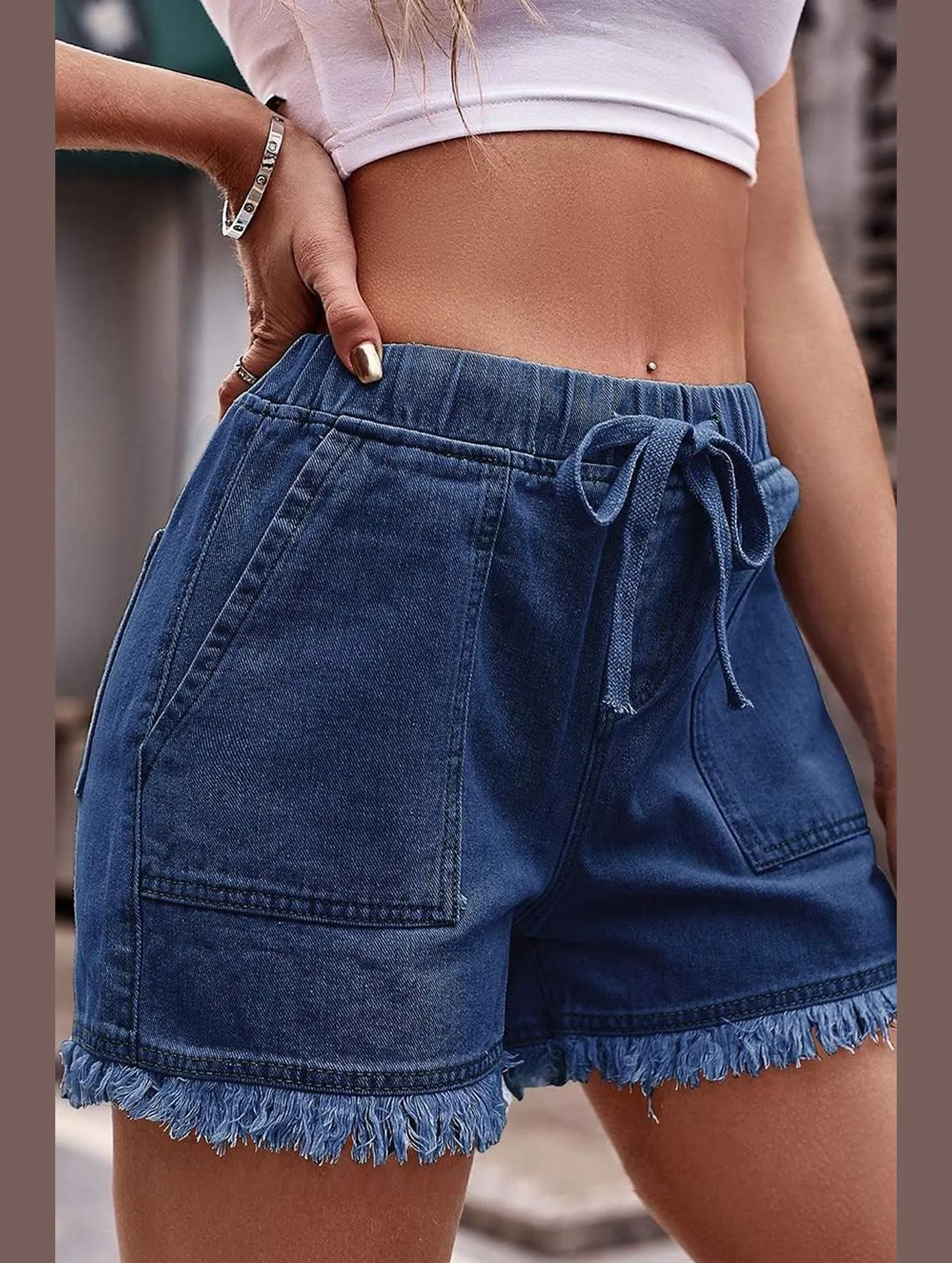 ELASTIC WAIST CASUAL DENIM SHORTS Padded hips