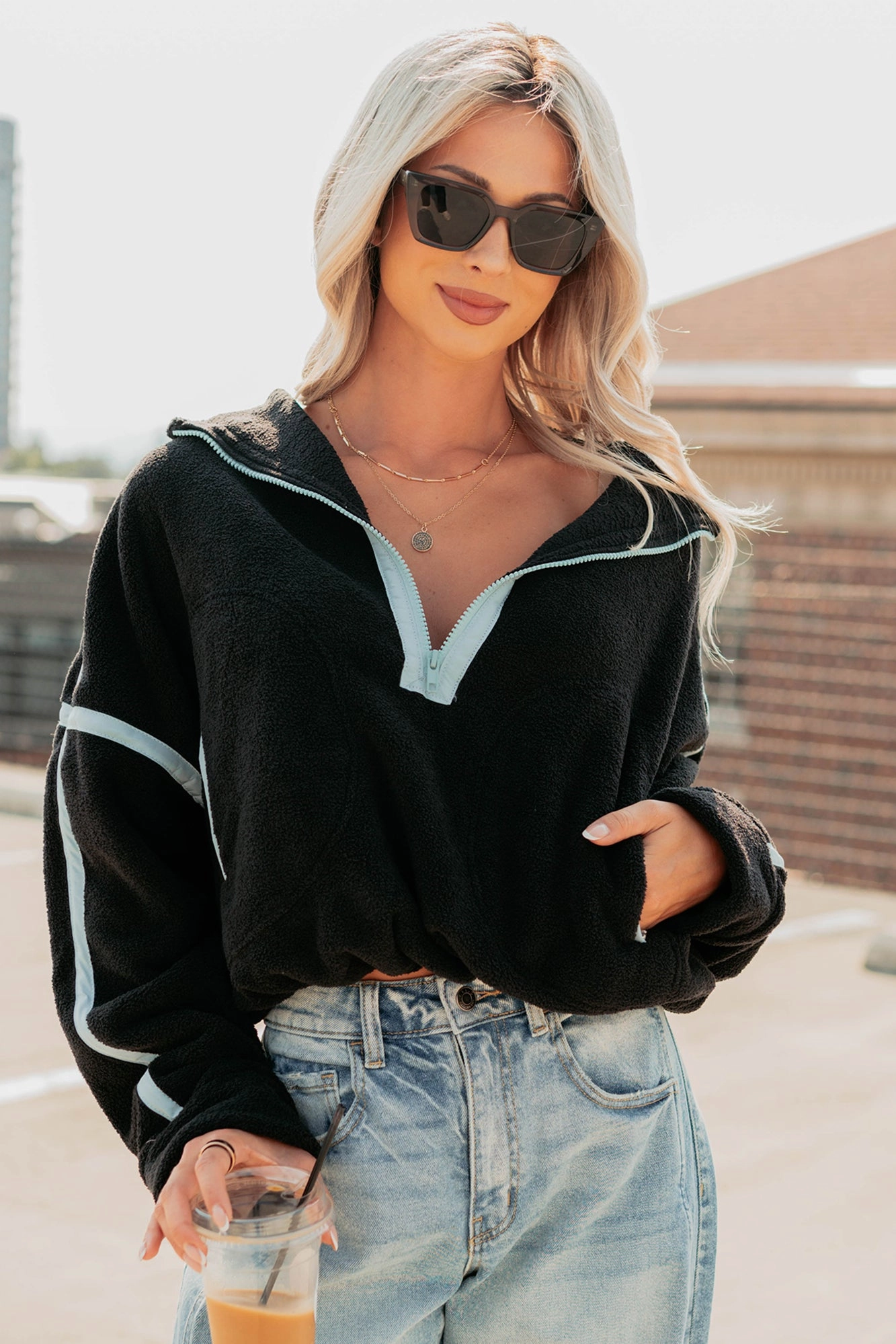 Simple Comfort Half-Zip Fleece Pullover (Black) Mid Length Cut Adjustable drawstring