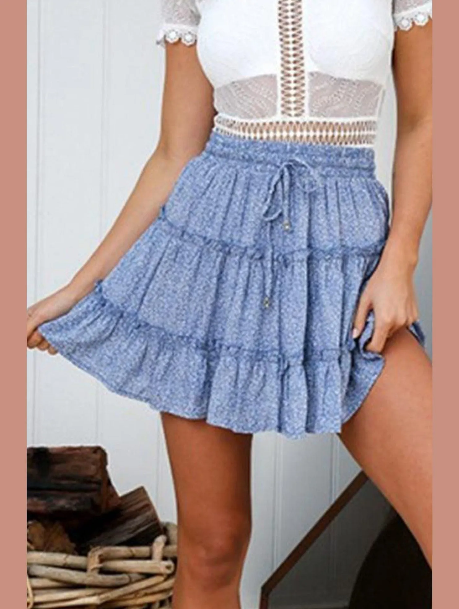 WOMEN HIGH WAISTED RUFFLED FLORAL A LINE SKIRT Stretchy Hemline