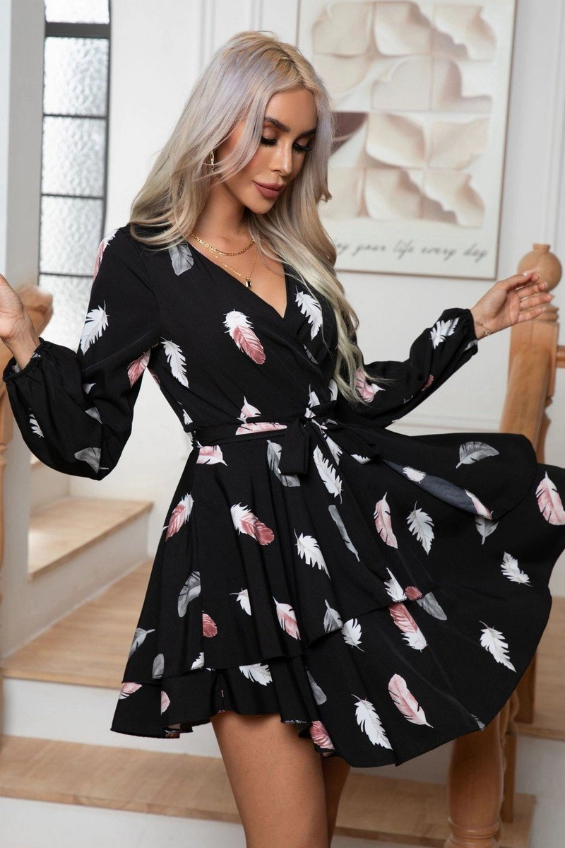 WOMEN FEATHER PRINTING MULTILAYER HEM V NECK DRESS Oversized-Fit Office Friendly