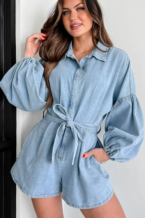 Modern Direction Denim Balloon Sleeve Romper (Denim) Sporty Model